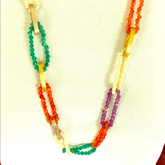 Green purple orange color semi-precious stones & pearls necklace metal bar rings - Picture 4 of 10